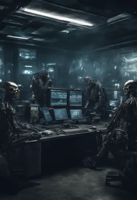 a group of people in a room with multiple computers and monitors, sci-fi cybernetic implants hq, cybersuits, futuristic cloning facility, cyber skeletons, diverse cybersuits, neon scales and cyborg tech, advanced digital cyberpunk art, muted cyberpunk styl...