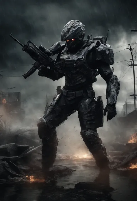 Postapocalyptic combat scene of a Beautiful female soldiers On Patrol, In a city, Walking down a Stream, (((with Runic tattoos))), (((wearing Black Full mecha armor, combat harness, holding a assault rifle))) combat pose, (((Walking along a stream in a cit...