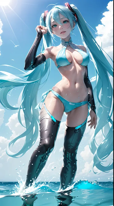 mikuappend,  bridal gauntlets,in the sea, playing with sea water, wet body, close veiw, playing with veiwers, blue string bikini...