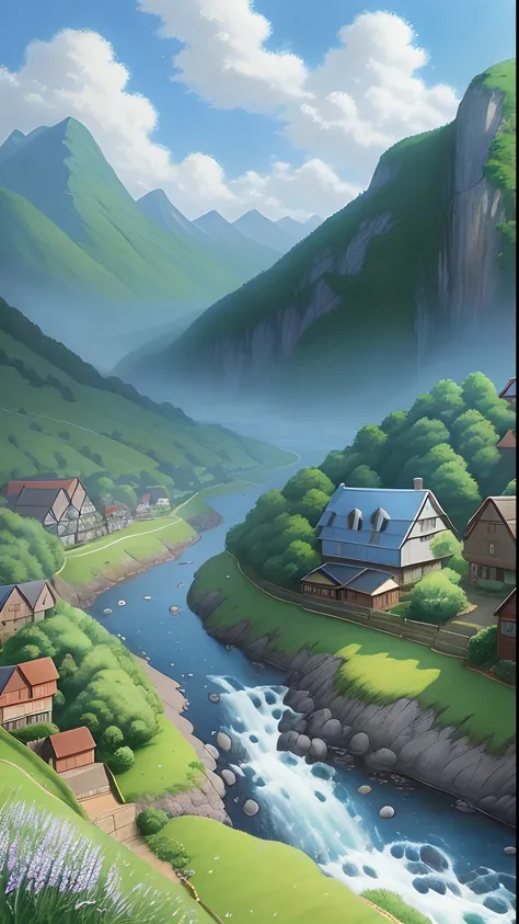 Realistic, authentic, beautiful and amazing landscape oil painting Studio Ghibli Hayao Miyazaki&#39;s petal grassland with blue sky and white clouds ,quaint village nestled at the foot of a majestic mountain, there lived a girl named Lila and a boy named F...