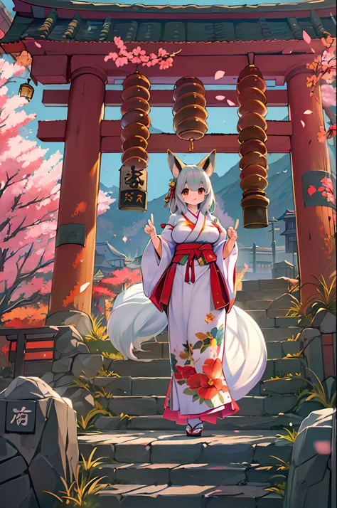 Fox Woman、body covered with fur、huge-breasted、kawaii、shrine maiden、Japan white clothes,Red Hakama、torii gate,((High Position))、A big smile、bbw、thick thight、big butts、Ultramammy,Chibi,Nanachi、Beautiful shrine scenery, cherryblossom, Pines, Anime Background ...