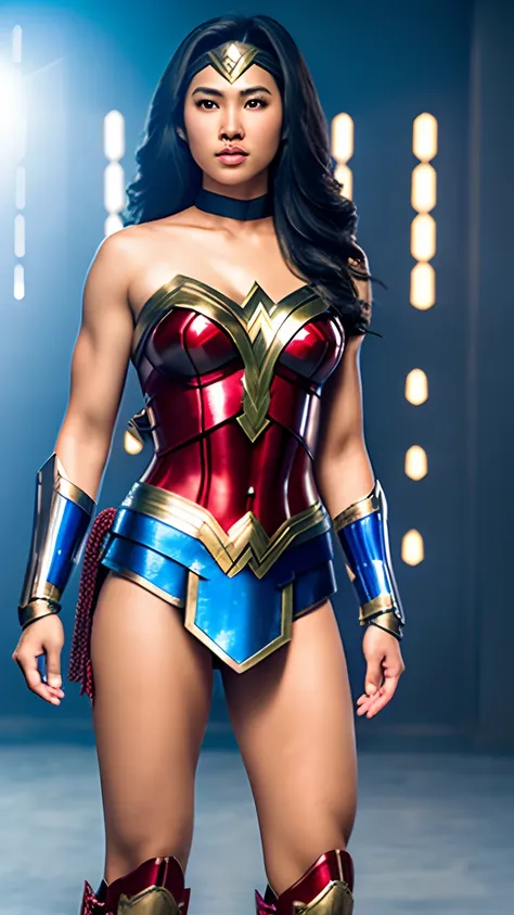 photo of southeast asian wonder woman, red and blue armor, full body shot, photography, clean backgrounds, soft lighting, soft details,ultra high detail, ultra realistic, cinematic,16k