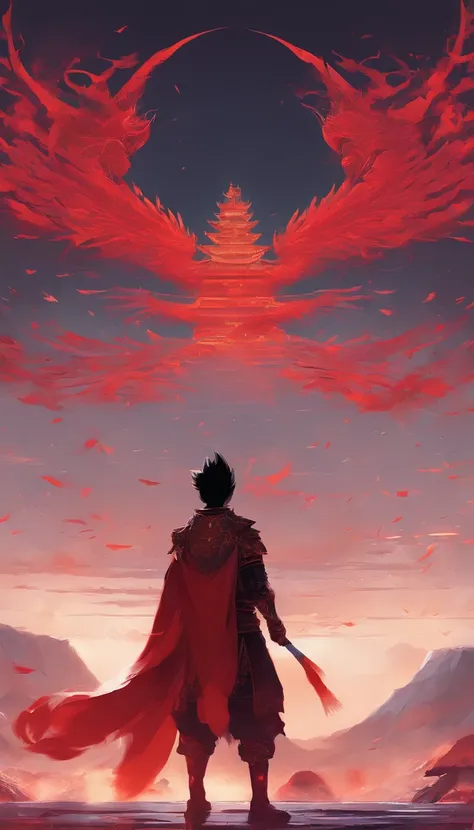 China-style，中景 the scene is，Goku was standing in front of the huge firebird with outstretched wings，massive wings，Reach Out，long messy hair，efeitos de brilho，hyper-realistic，Ultra foto Realsisim，estilo de sombra chinesa，ardente，vermelho，mancha，sombra，8k，su...