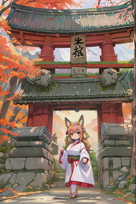 Fox Woman、body covered with fur、huge-breasted、kawaii、shrine maiden、Japan white clothes,Red Hakama、torii gate,((High Position))、A big smile、bbw、thick thight、big butts、Ultramammy,Chibi,Nanachi、Beautiful shrine scenery, autumn day,kaede、 Pines, Anime Backgrou...