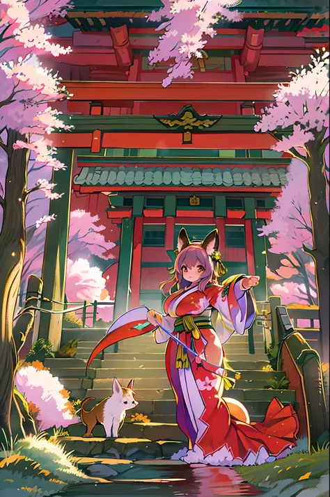 Fox Woman、body covered with fur、huge-breasted、kawaii、shrine maiden、Japan white clothes,Red Hakama、torii gate,((High Position))、A big smile、bbw、thick thight、big butts、Ultramammy,Chibi,Nanachi、Beautiful shrine scenery, autumn day,kaede、 Pines, Anime Backgrou...