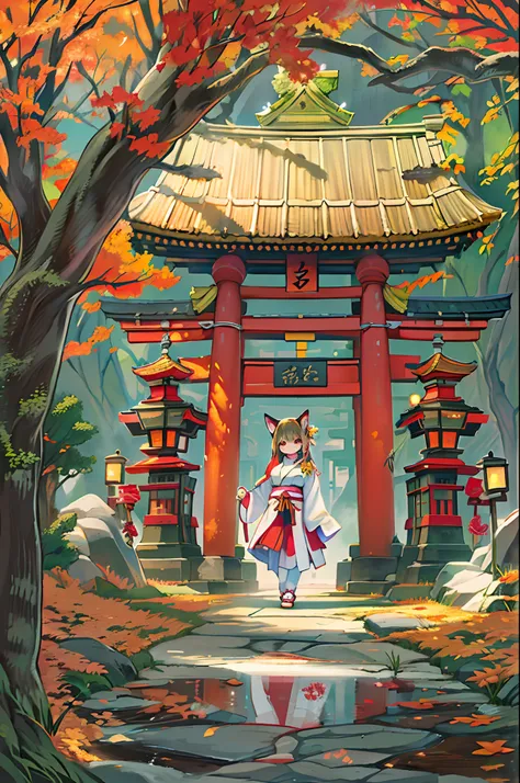 Fox Woman、body covered with fur、huge-breasted、kawaii、shrine maiden、Japan white clothes,Red Hakama、torii gate,((High Position))、A big smile、bbw、thick thight、big butts、Ultramammy,Chibi,Nanachi、Beautiful shrine scenery, autumn day,kaede、 Pines, Anime Backgrou...