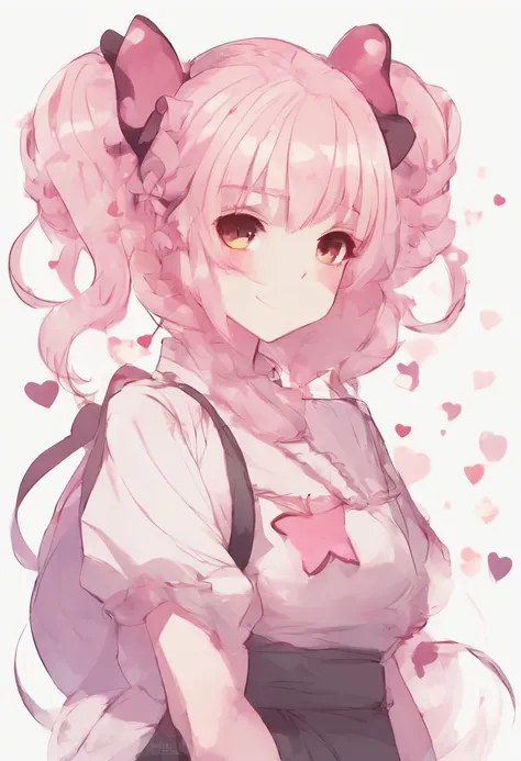 chibi anime girl light pink pigtails hair really pale skin profile picture smiling winking white background with hearts