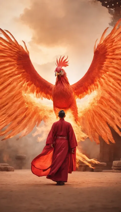 China-style，中景 the scene is，The Taoist priest stood in front of the huge firebird with spread wings，massive wings，Stretch your hands，Long messy hair，Glow effects，Hyper-realistic，Ultra photo realsisim，Chinese ink style，firey，rot，Smudge，ink，8K，super-fine，hig...