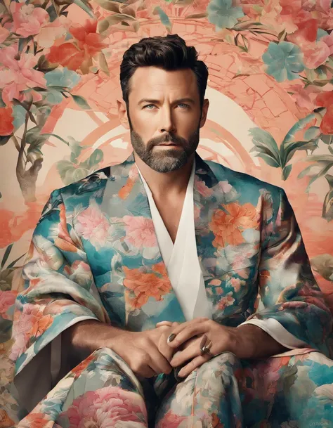 A Photograph capturing a surrealist vision: ben affleck in pattern kimono, amidst a swirling color palette, poses outside a tailor shop, posing with the dreamlike surroundings. --ar 16:9