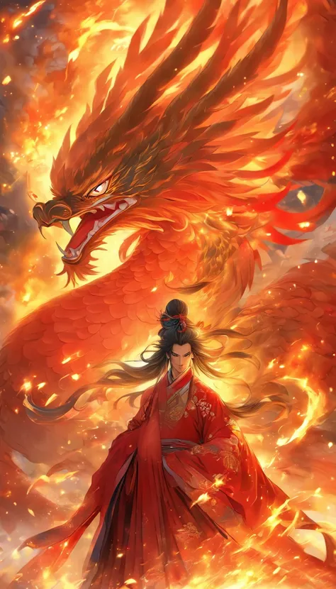 China-style，中景 the scene is，The Taoist priest stood in front of the huge firebird with open wings，massive wings，Stretch out your hands，long messy hair，efeitos de brilho，hyper-realistic，Ultra foto realsisim，Estilo de tinta chinesa，fogoso，vermelho，Mancha，tin...