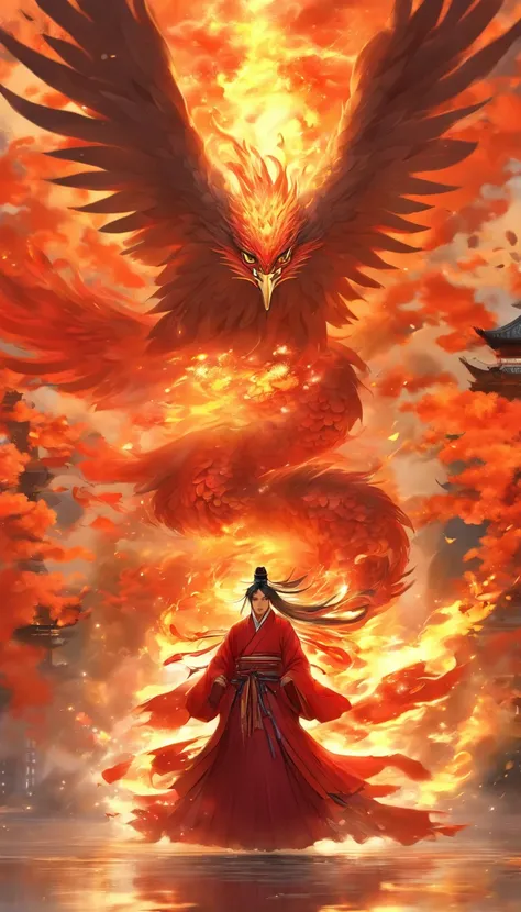 China-style，中景 the scene is，The Taoist priest stood in front of the huge firebird with open wings，massive wings，Stretch out your hands，long messy hair，efeitos de brilho，hyper-realistic，Ultra foto realsisim，Estilo de tinta chinesa，fogoso，vermelho，Mancha，tin...