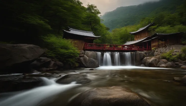 A small valley in the mountains of Korea, Traditional Korean Houses, deer, waterfall