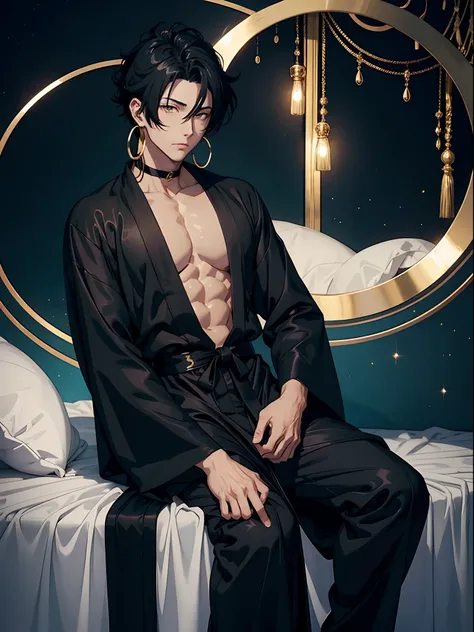 anime sexy man in a black silk robe, white fluffy mantle, golden hoop earrings