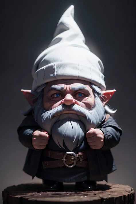 Create a visual representation of a dark gnome who is secretly a skilled craftsman of magical objects, highlighting his iconic white hat in a mysterious and dark scene, cor dos olhos escuras, fundo escuro, semblante alegre