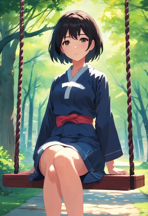 "Teenage girl, fair complexion, short black hair that reaches her shoulders, deep black eyes, wearing a classic Japanese uniform, expressionless gaze. She is in a park, swinging alone on a swing."