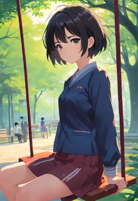 "Teenage girl, fair complexion, short black hair that reaches her shoulders, deep black eyes, wearing a classic Japanese uniform, expressionless gaze. She is in a park, swinging alone on a swing."