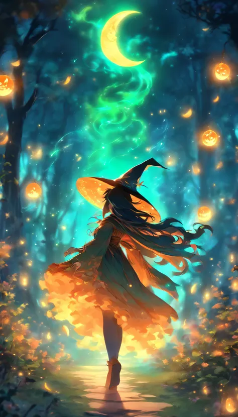 (Best Quality,4K,hight resolution),(Realistic:1.37),Witch casting orange glowing spell,Moonlight,magical fantasy forest,sparkling stars,Tree of Shadows,enchanting atmosphere,Sparkling fireflies,Mystical Orb,The witchs cloak fluttering in the wind,Ancient r...