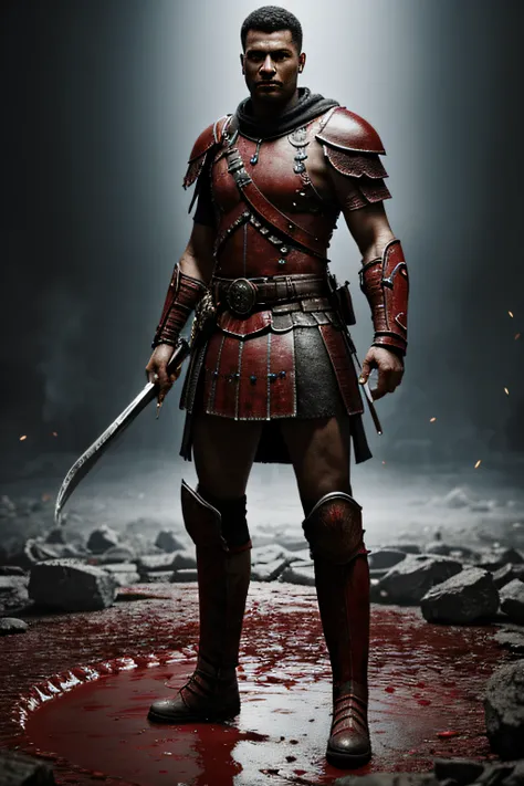 a warrior standing in a blood pool, photorealistic, highly detailed, uhd,