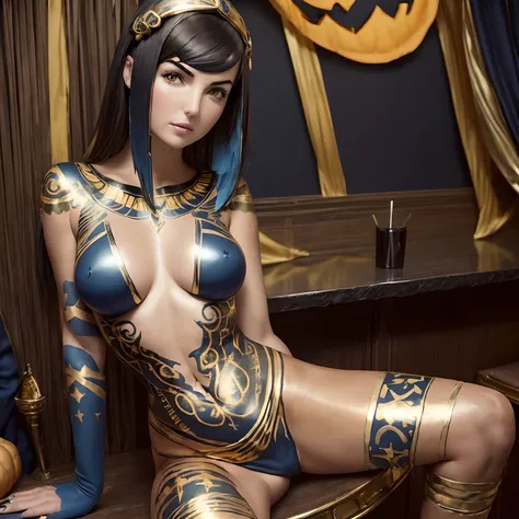 (((Camilla Belle))) at a ((Halloween party)) sitting on a barstool, sexy cleopatra, (((dark blue and gold body paint all over body costume))), shy, embarassed, (((hands between legs))), (((hands covering body)))