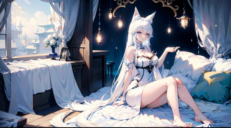 A woman who is，White fox tail，White fox ears，long  white hair，blue color eyes，By bangs，Bigchest，xianxia fantasy，Seductive face，long leges，the detail，sexy for，Very meticulous，onbed，Barefoot，White nightdress，ssmile，graceful stance，Sit