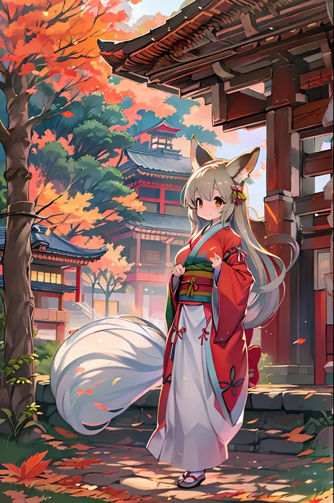 Fox Woman、body covered with fur、huge-breasted、kawaii、shrine maiden、Japan white clothes,Red Hakama、torii gate,((High Position))、A big smile、bbw、thick thight、big butts、Ultramammy,Chibi,Nanachi、Beautiful shrine scenery, autumn day,kaede、 Pines, Anime Backgrou...