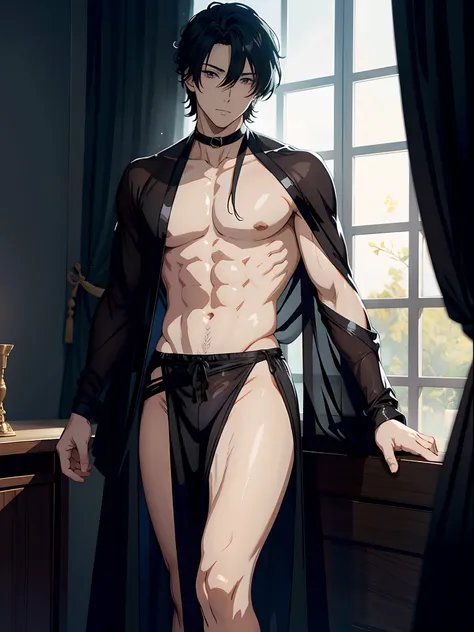 anime sexy man in a transparent robe, black curtains