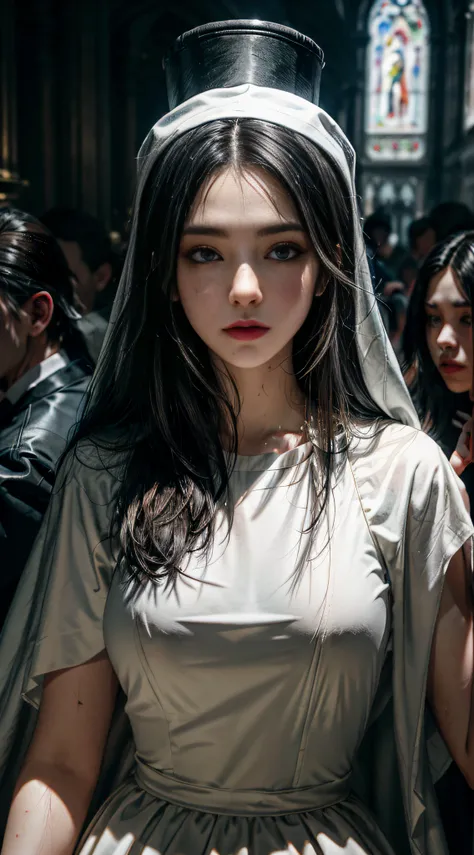 (((Nuns wearing nun dresses and nun caps in church))),((Clothing that exposes))Clothes and skin are soaked all over,(wetclothes:1.9),Sweaty skin,Works of masters,Best image quality,Higher quality,high detal,超高分辨率,8K分辨率,perfect hand,full body shot shot,Exqu...