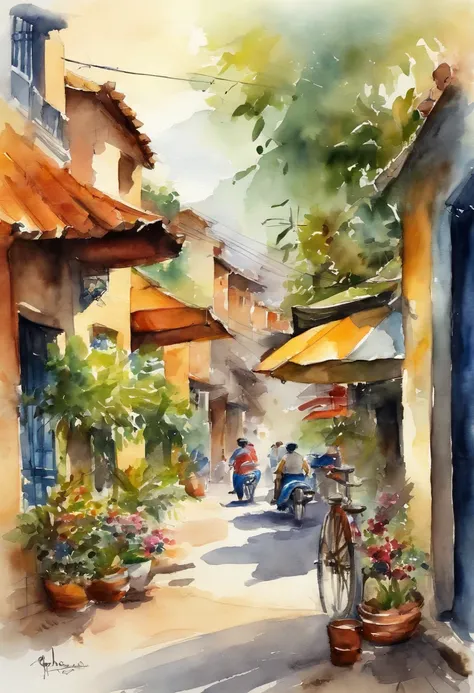 Draw a watercolor picture of Da Nang, a street corner with people and houses