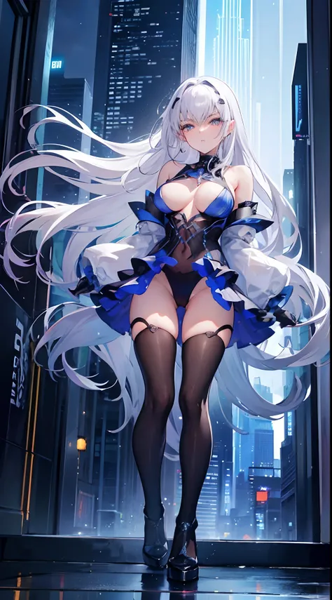 (best quality,4k,masterpiece:1.2),ultra-detailed,anime:1.2,silver hair,orange eyes,wet bikini,city background,beautiful detailed eyes,full body,long eyelashes,dark night city view,shiny streets,tall buildings,colorful lights,reflection on the wet ground,wa...