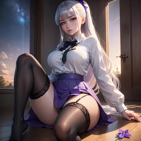 Best Quality, masutepiece,, Illustration, Wallpaper,1girl in, Solo, School uniform, White shirt, Black skirt, Bright purple-silver hair, Semi-long hair, Beautiful detailed girl, extremely detailed eye and face, Beautiful detailed eyes, Shy, natural_Lightin...