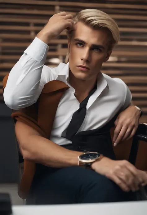 Mann, Serious appearance, blond, Strong body, Sitting on office chair, look sad