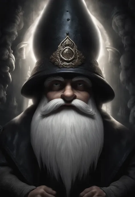 Create a visual representation of a dark gnome who is secretly a skilled craftsman of magical objects, highlighting his iconic white hat in a mysterious and dark scene, cor dos olhos escuras, fundo escuro,