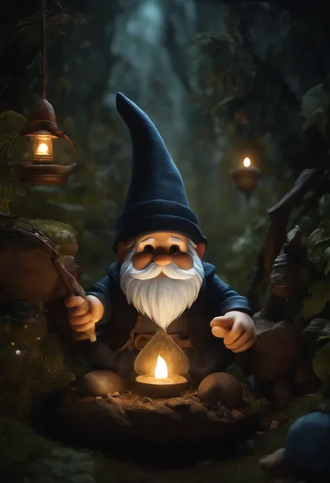 Create a visual representation of a dark gnome who is secretly a skilled craftsman of magical objects, highlighting his iconic white hat in a mysterious and dark scene, cor dos olhos escuras, fundo escuro,