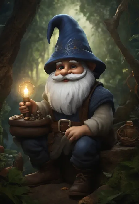 Create a visual representation of a dark gnome who is secretly a skilled craftsman of magical objects, highlighting his iconic white hat in a mysterious and dark scene, cor dos olhos escuras, fundo escuro,