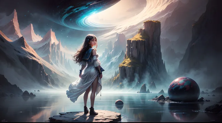 Painting: An enchanting artwork portraying a girl wearing silk, standing at the edge of a mystical pool, surrounded by swirling enchantments, with the distant planet casting an ethereal light upon her.