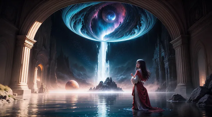 Painting: An enchanting artwork portraying a girl wearing silk, standing at the edge of a mystical pool, surrounded by swirling enchantments, with the distant planet casting an ethereal light upon her.