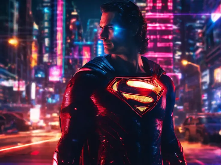 Superman Henry Cavill wearing a cyber suit that enhances his powers and protects him from kryptonite. The suit is blue and red, with a silver S logo on the chest. The suit has a collar that emits a force field around Superman’s neck, preventing him from be...