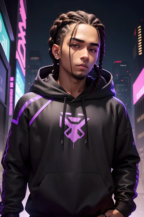 best quality, anime, 1 guy, brown braided hair, braided in backwards, 4 braids, in black outfit, black hoodie, white skin, brown eyes, no beard, futuristic, cyberpunk theme, purple light, lightly chubby face, katana on his back