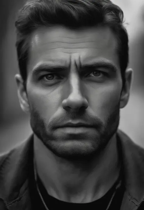 front face of a man looking down, sad, no beard, black and white hyper realistic image