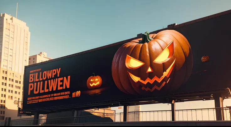 Halloween pumpkins. Bloody Black huge billboard in front, bloody red