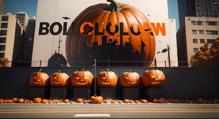 Halloween pumpkins. Bloody Black huge billboard in front, bloody red. Zoomed out, camera far away, bloody around billboard, pumpkins smashed on floor