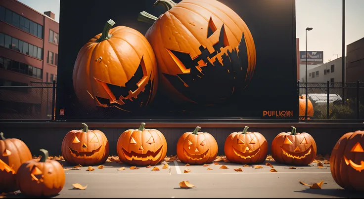 Halloween pumpkins. Bloody Black huge billboard in front, bloody red. Zoomed out, camera far away, bloody around billboard, pumpkins smashed on floor