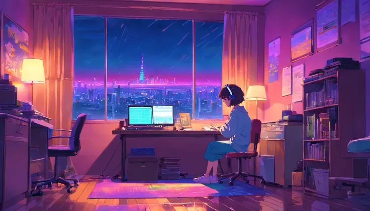 (zero), Girl studying in her room, reading a book, Wear headphones, , night lights, Neon landscape on a rainy day,Analog Color Theme, Lo-Fi Hip Hop , retrospective, flat, 2.5D ,Draw a line, Ink Drawing, Large slope, Watercolor painting, Goosch Colors, Stud...