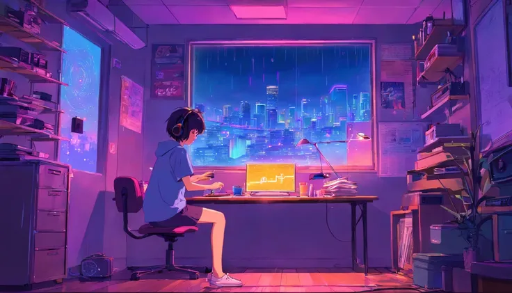 (zero), Girl studying in her room, reading a book, Wear headphones, , night lights, Neon landscape on a rainy day,Analog Color Theme, Lo-Fi Hip Hop , retrospective, flat, 2.5D ,Draw a line, Ink Drawing, Large slope, Watercolor painting, Goosch Colors, Stud...