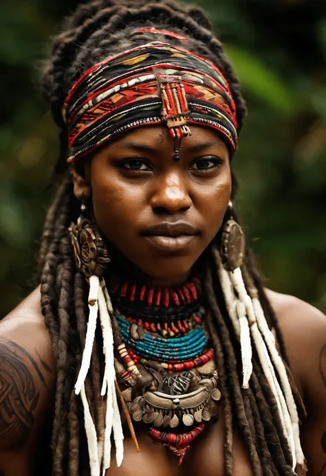 "(best quality,ultra-detailed),Ebony skin,Ebony skinned female:1.1,beautiful detailed eyes,beautiful detailed lips,white dreadlocks,thicc,tribal warrior outfit,not too strong looking,confident posture,exotic background,sharp focus,vivid colors