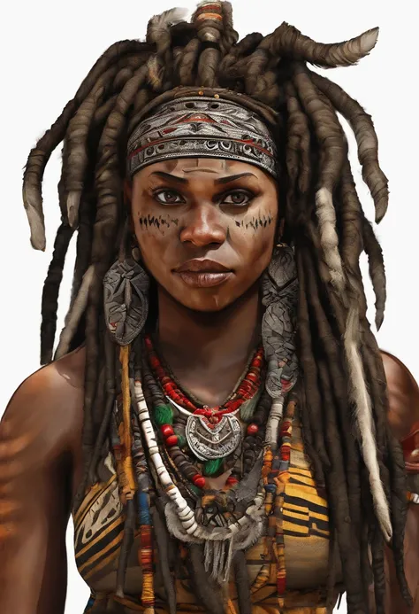 "(best quality,ultra-detailed),Ebony skin,Ebony skinned female:1.1,beautiful detailed eyes,beautiful detailed lips,white dreadlocks,thicc,tribal warrior outfit,not too strong looking,confident posture,exotic background,sharp focus,vivid colors