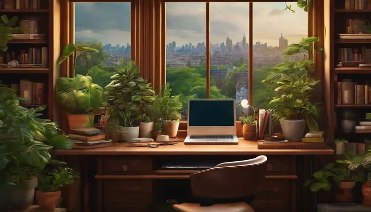 Artists table with plants, books, paper, laptop, Shelves, drawer, Overlooking the green urban environment