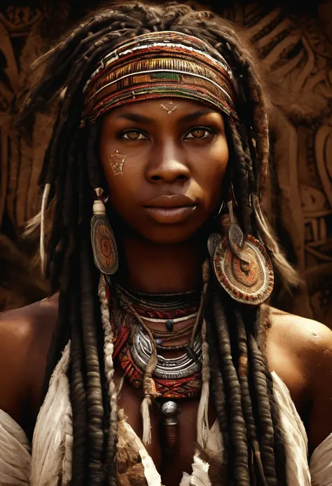 "(best quality,ultra-detailed),Ebony skin,Ebony skinned female:1.1,beautiful detailed eyes,beautiful detailed lips,white dreadlocks,thicc,tribal warrior outfit,not too strong looking,confident posture,exotic background,sharp focus,vivid colors