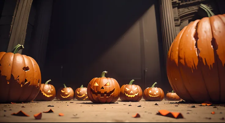 Halloween pumpkins. Bloody Black huge billboard in front, bloody red. Zoomed out, camera far away, bloody around billboard, pumpkins smashed on floor, Red blood, church from Eeklo in Belgium, Eeklo church