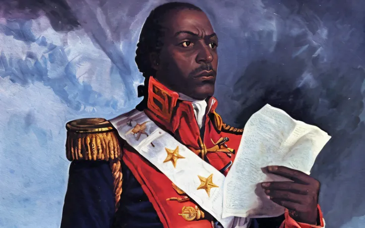 Toussaint lOuverture in his uniform, looking proud, angry